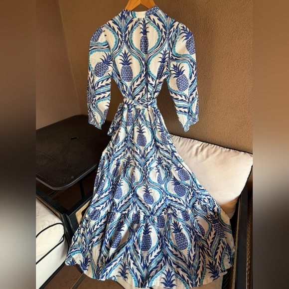 NWT Boden Alba Long Sleeve Tiered Maxi Dress Pineapple Wave 100% Cotton - Picture 4 of 5